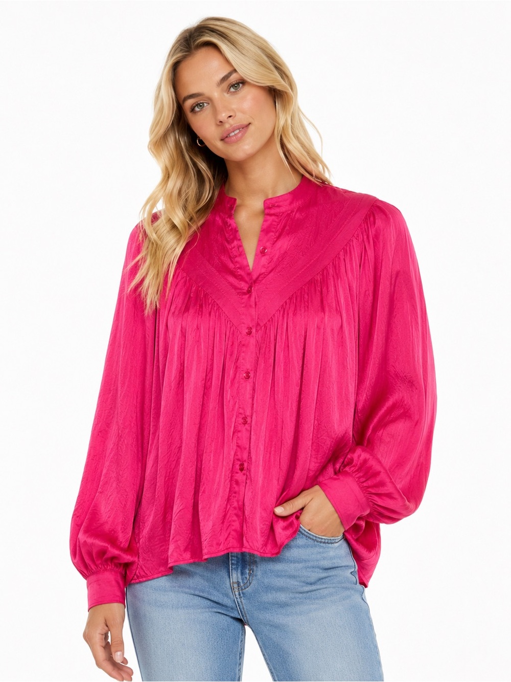 Karlie Size Small Oversized Women's Fuchsia Button-Front Blouse